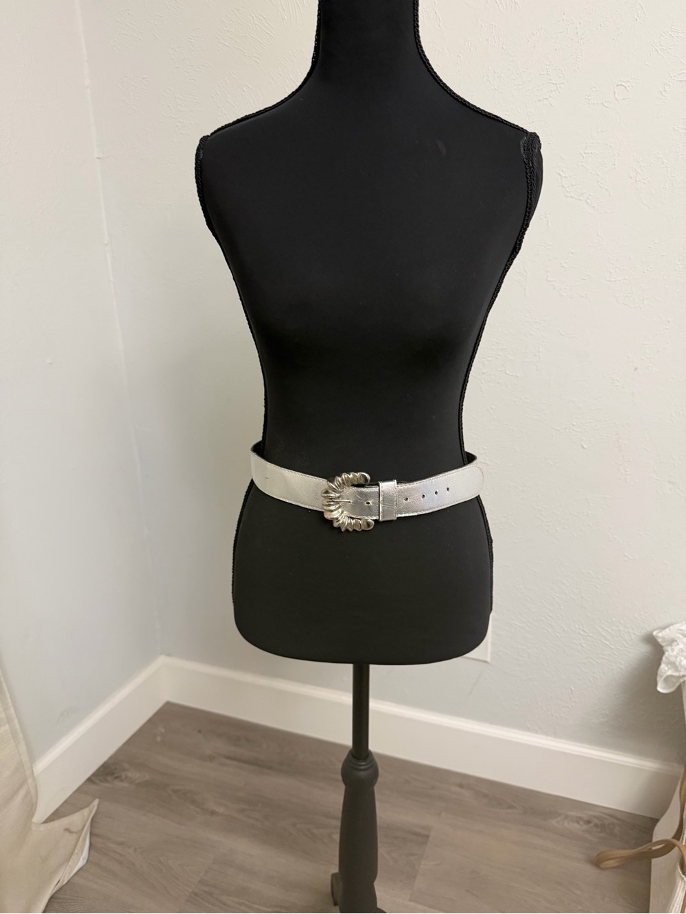 Metallic Silver Leather Belt with Decorative Buckle - Women